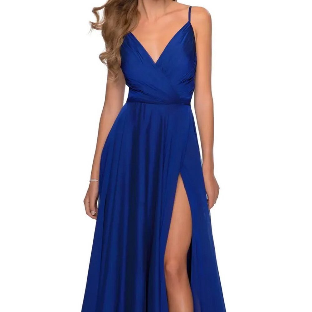 La Femme Marine Blue V-Neck High Leg Slit Chiffon Ballgown